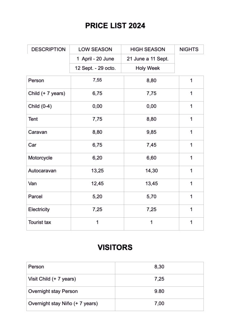 price list camping costa dorada